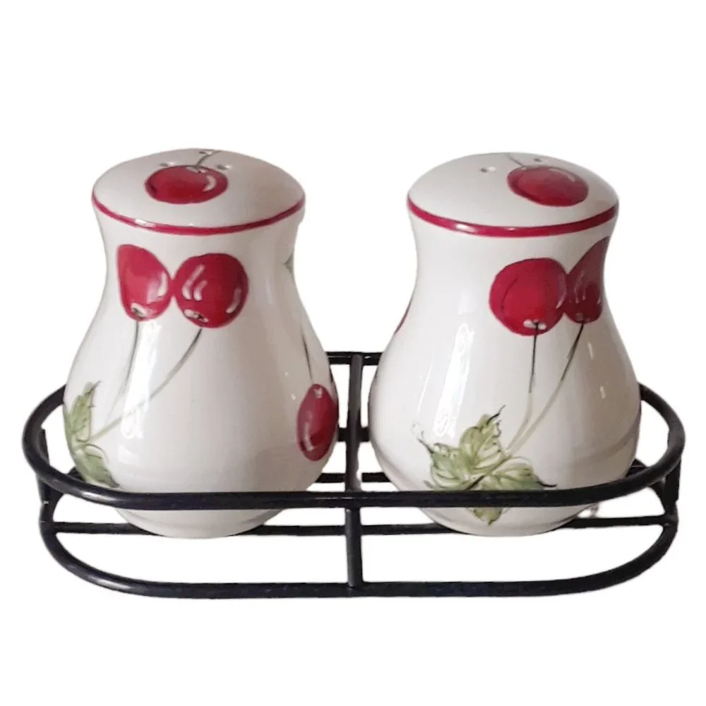 Cherry Salt and Pepper Shakers with Metal Holder